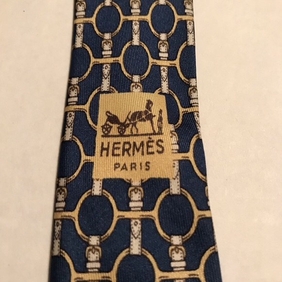 HERMÈS Vintage Men’s Necktie 100% Silk Blue Tan - Picture 6 of 7